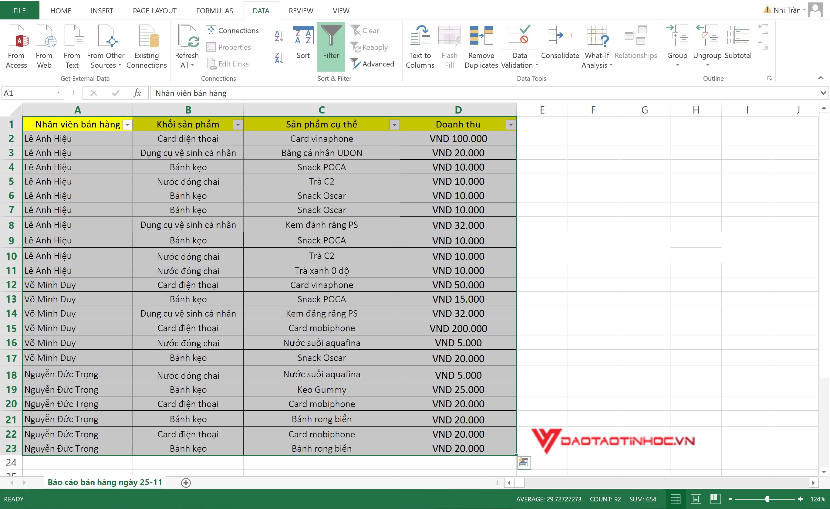 cách sử dụng lọc trong excel