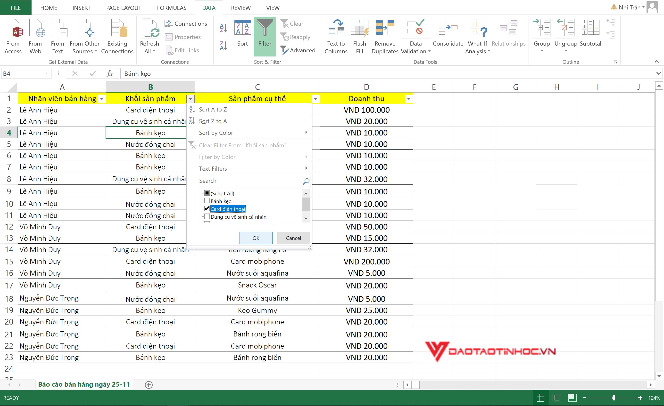 cách sử dụng lọc trong excel