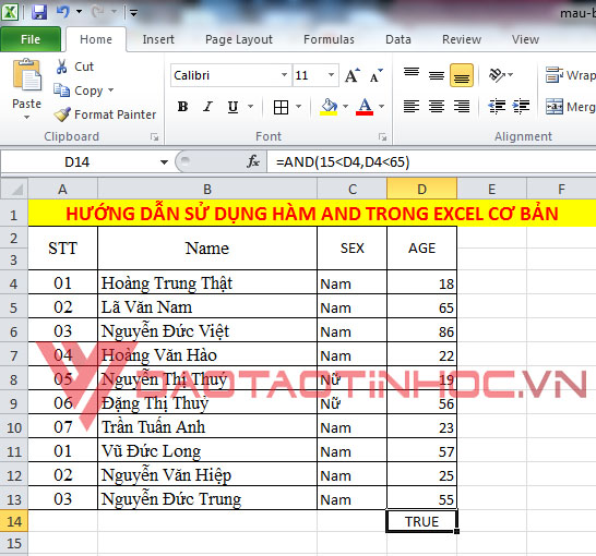 Hướng dẫn sử dụng hàm AND trong Excel