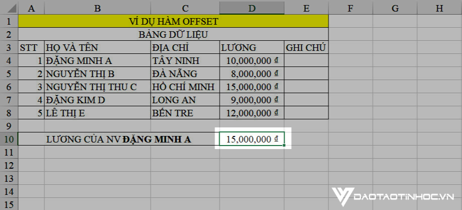 hàm offset trong excel 2