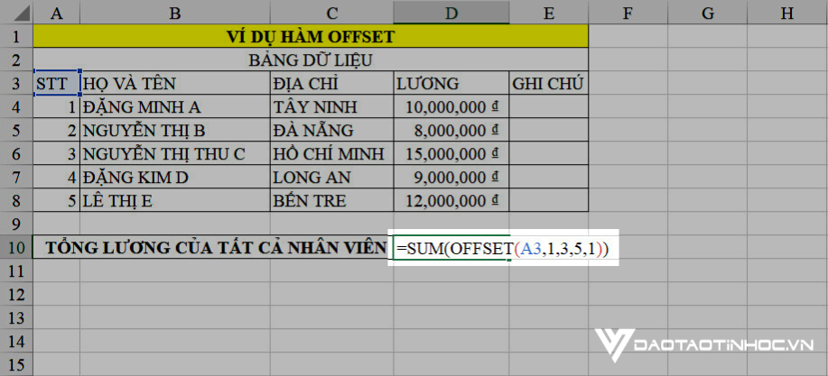 hàm offset trong excel 3