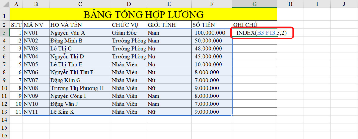 hàm index trong excel 2