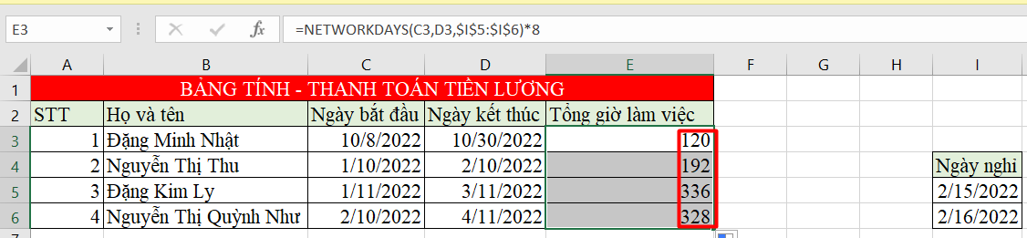 hàm networkdays trong excel 14
