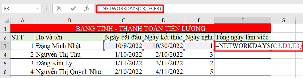 hàm networkdays trong excel 2