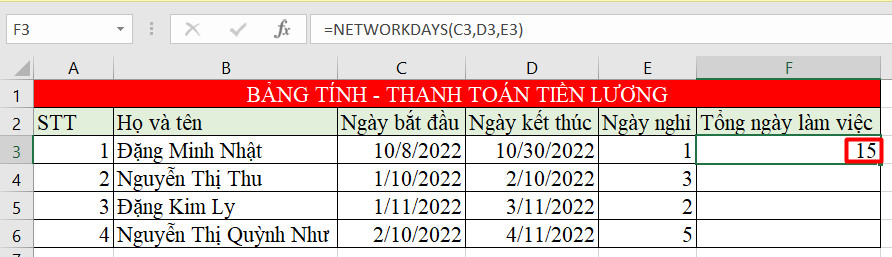 hàm networkdays trong excel 3