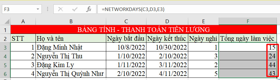 hàm networkdays trong excel 4