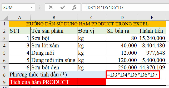 hàm product trong excel 1