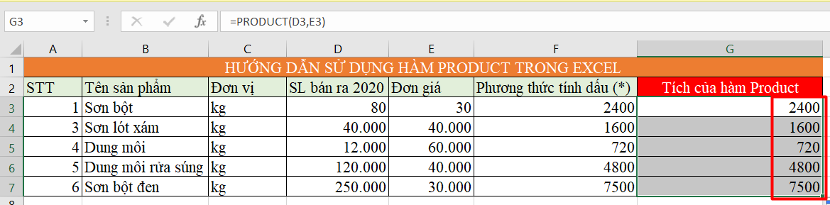 hàm product trong excel 10