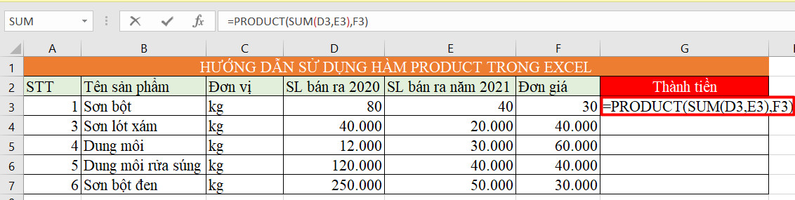 hàm product trong excel 11