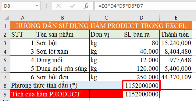 hàm product trong excel 2