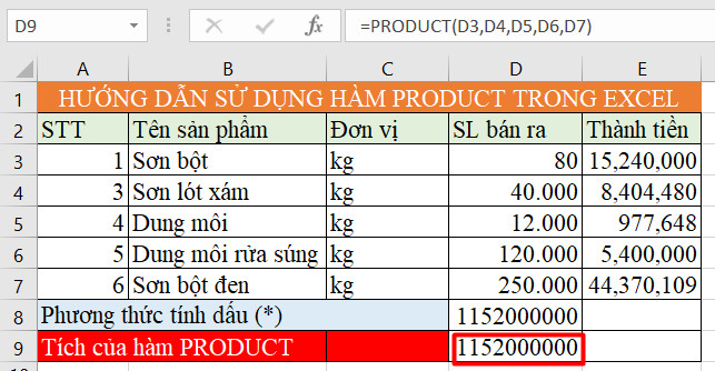 hàm product trong excel 4