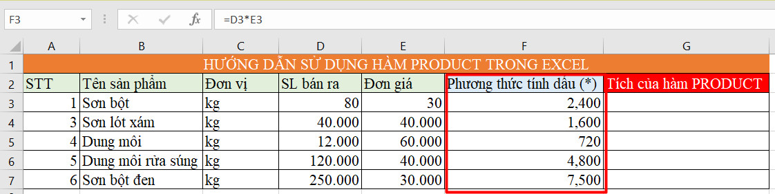hàm product trong excel 7