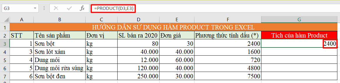 hàm product trong excel 9