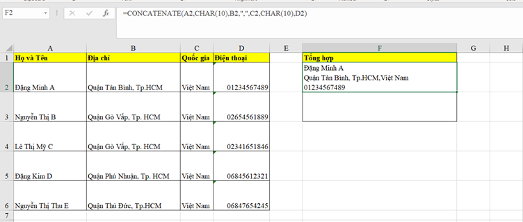 hàm concatenate trong excel