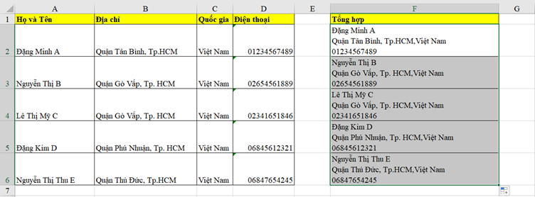 hàm concatenate trong excel