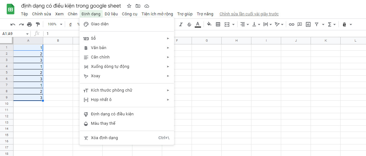 định dạng có điều kiện trong google sheet