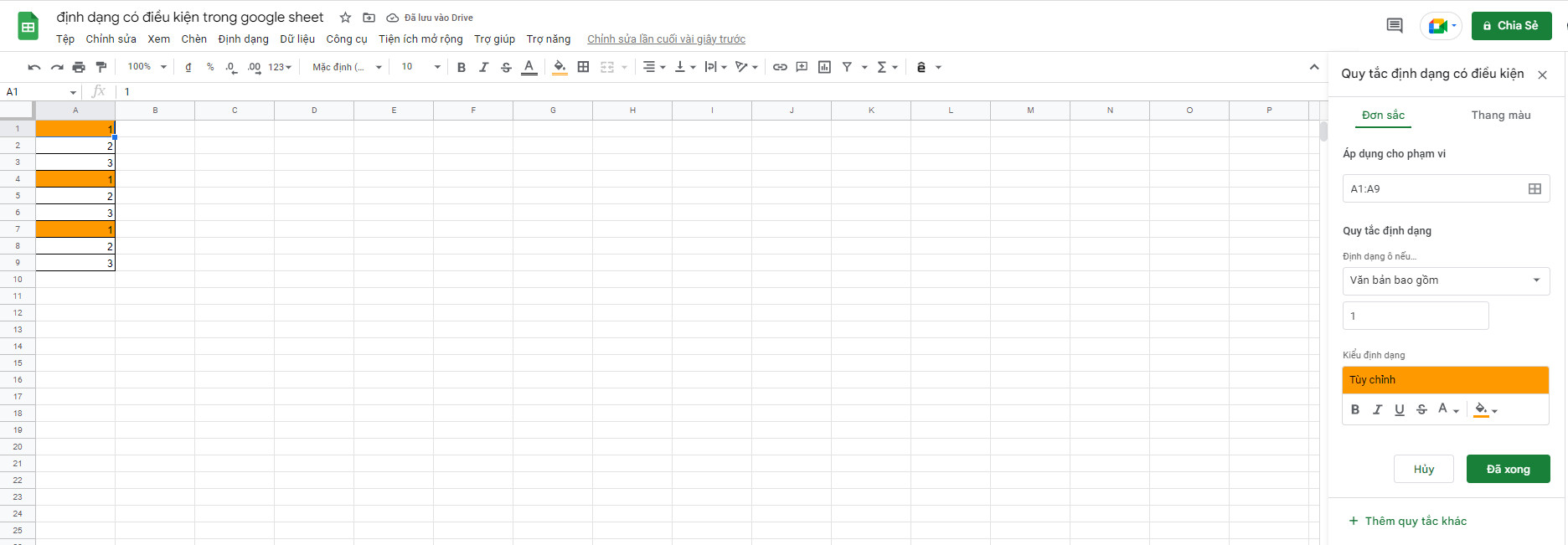 định dạng có điều kiện trong google sheet