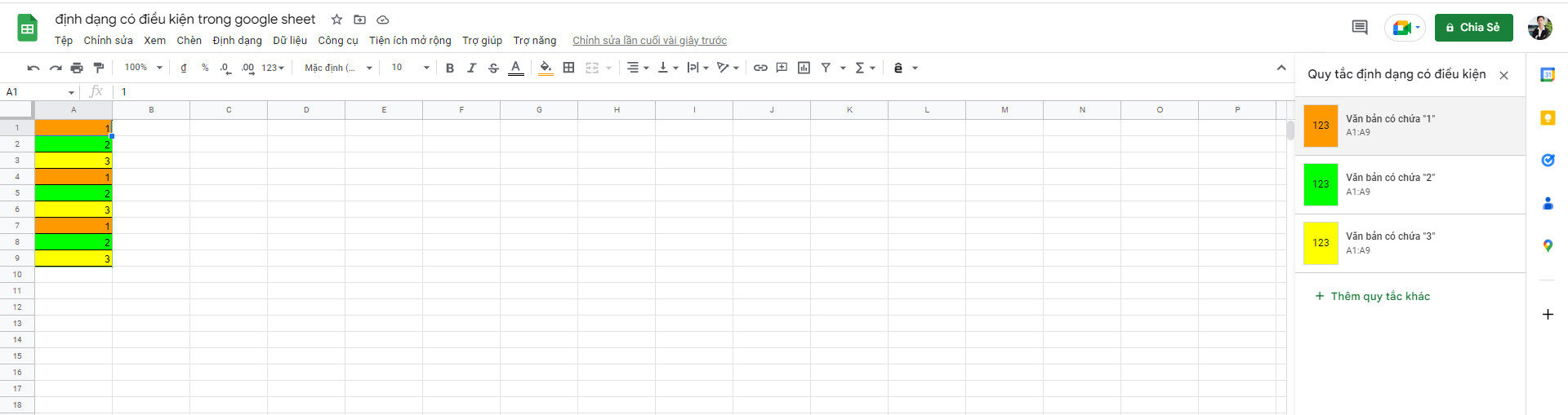 định dạng có điều kiện trong google sheet