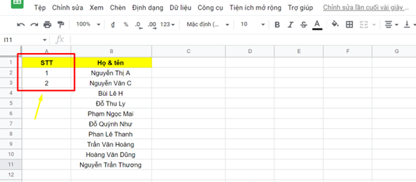cách đánh số thứ tự trong google sheet