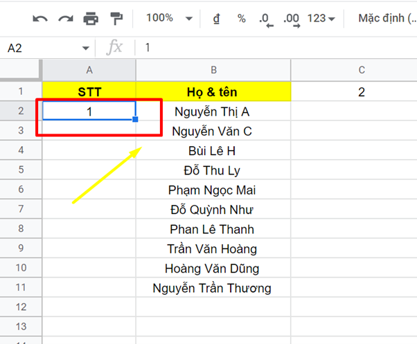cách đánh số thứ tự trong google sheet