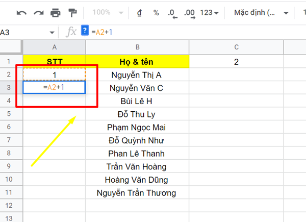 cách đánh số thứ tự trong google sheet