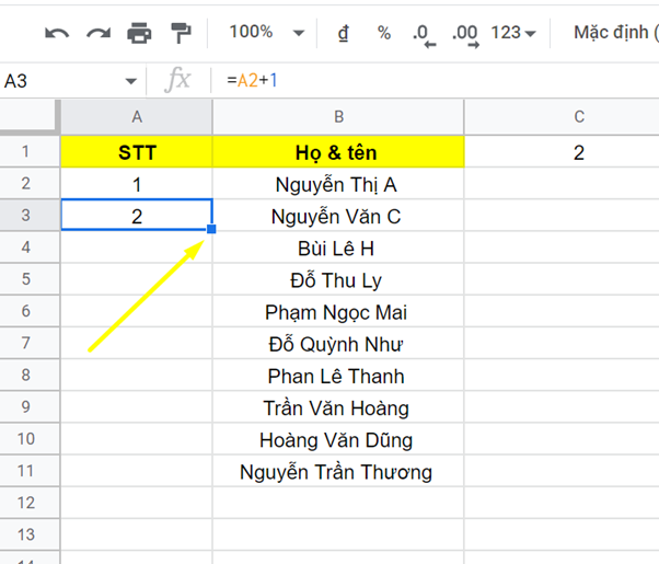 cách đánh số thứ tự trong google sheet