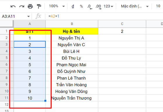 cách đánh số thứ tự trong google sheet