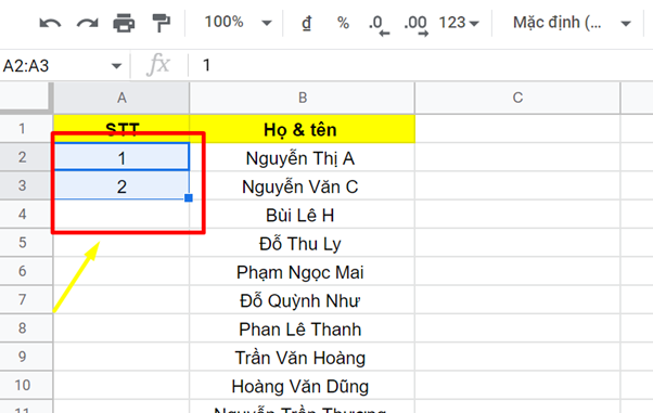 cách đánh số thứ tự trong google sheet