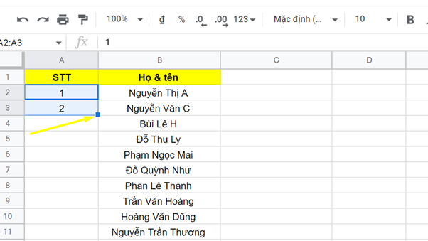 cách đánh số thứ tự trong google sheet