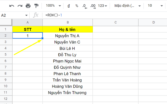 cách đánh số thứ tự trong google sheet