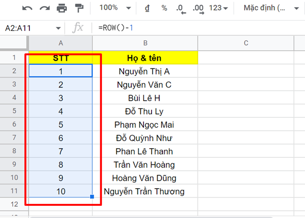 cách đánh số thứ tự trong google sheet