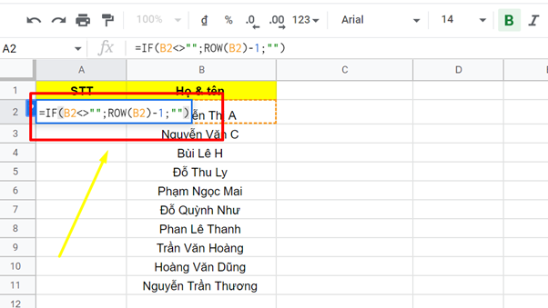 cách đánh số thứ tự trong google sheet