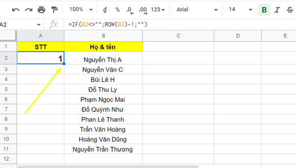 cách đánh số thứ tự trong google sheet