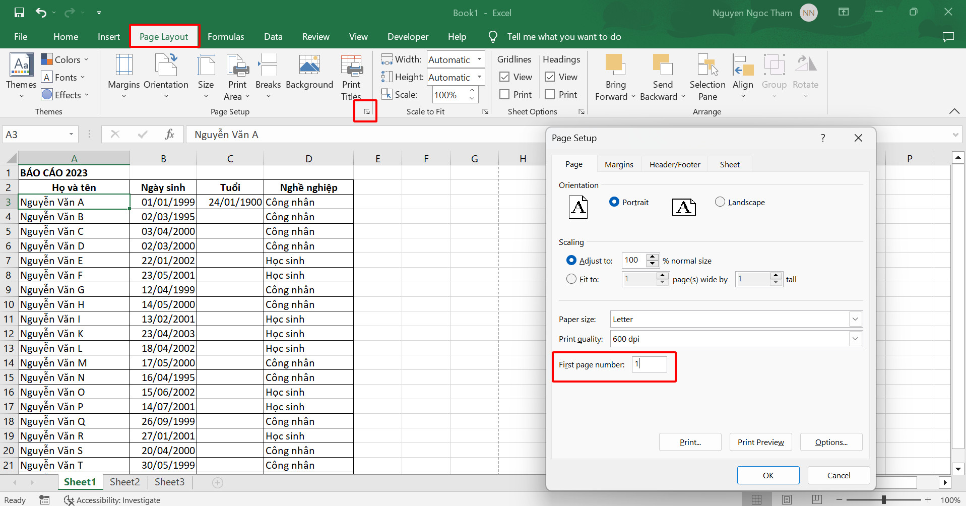 Vào Page Layout và đánh số trang trong excel từ trang bất kỳ