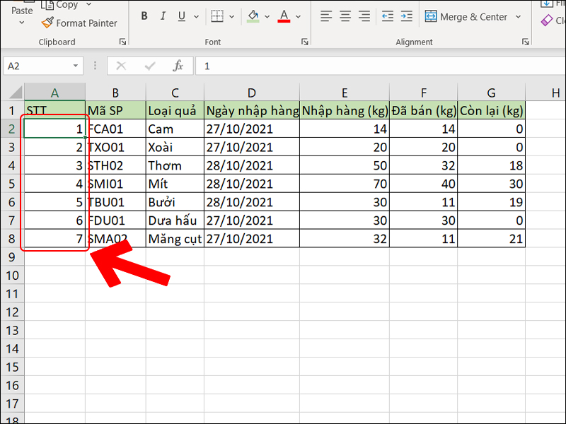 Kết quả khi đánh số thứ tự trong excel bằng Auto fill