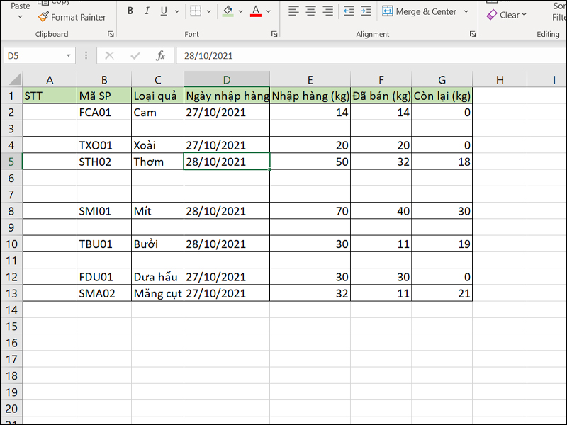 Bảng dữ liệu minh họa cho đánh số thứ tự bằng hàm subtotal lồng với hàm if