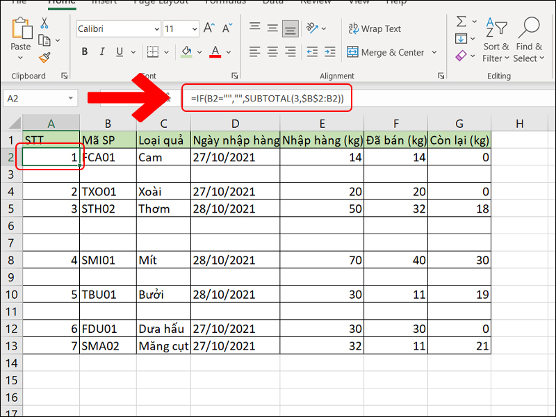 Kết quả lồng hàm đánh số thứ tự trong excel