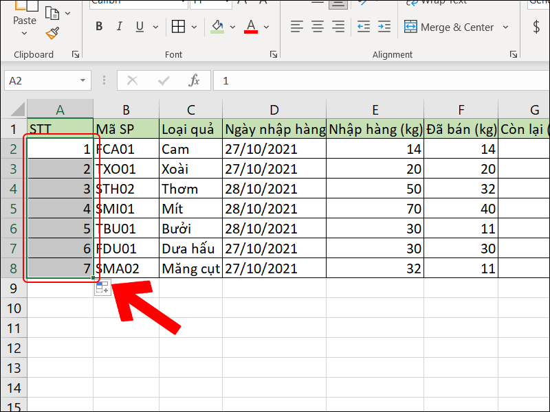 Kéo chuột để đánh số thứ tự trong excel
