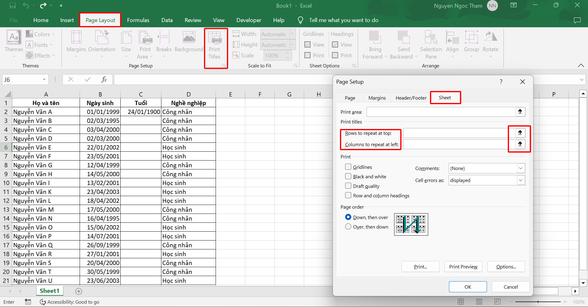 Cách lặp lại tiêu đề khi sang trang trong Excel khi in ấn