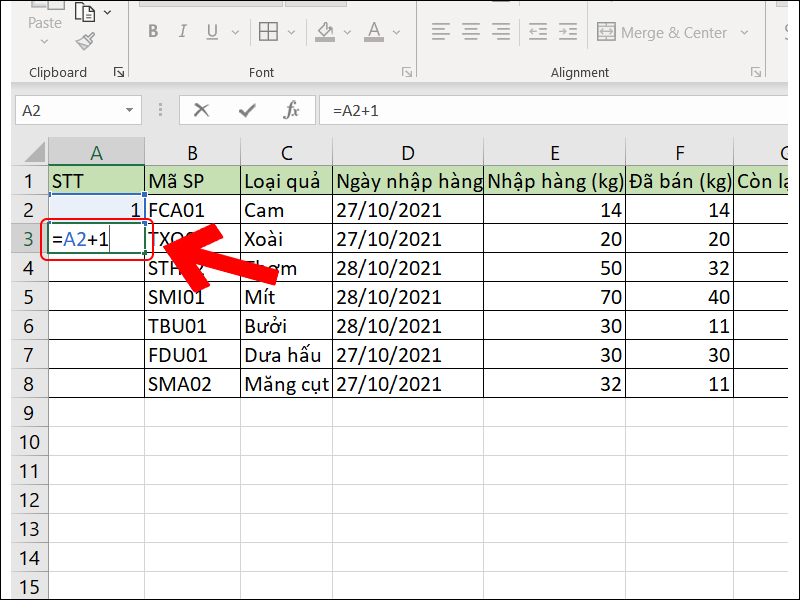 Nhập công thức để đánh số thứ tự trong excel