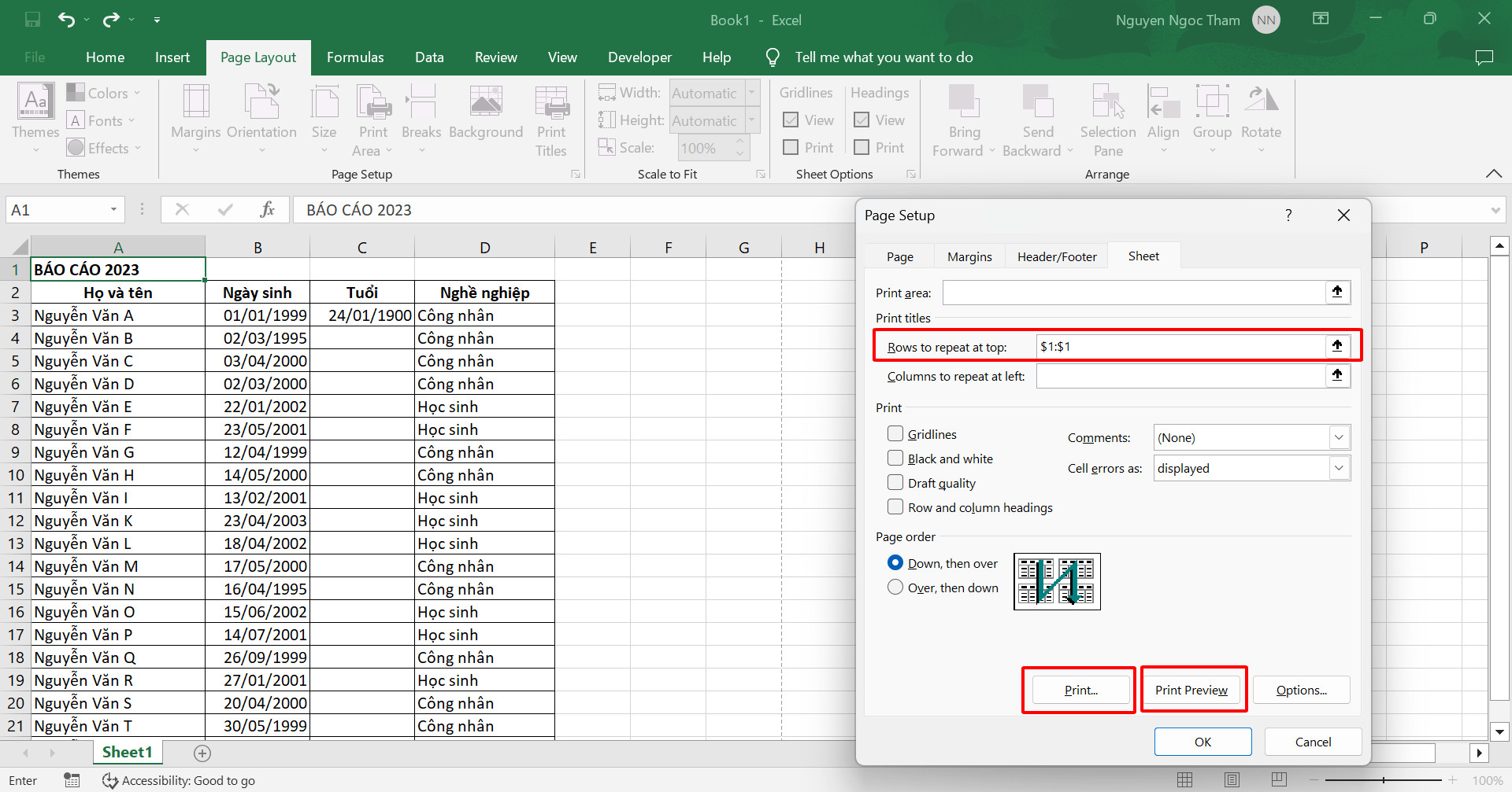 Lựa chọn lệnh in lặp lại tiêu đề trong excel