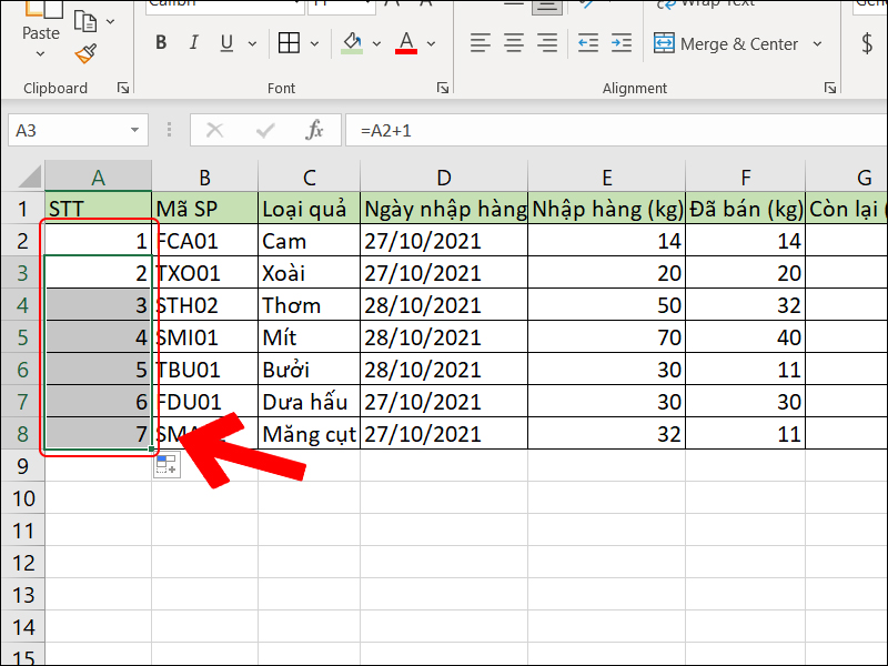 Kéo chuột để đánh số thứ tự trong excel