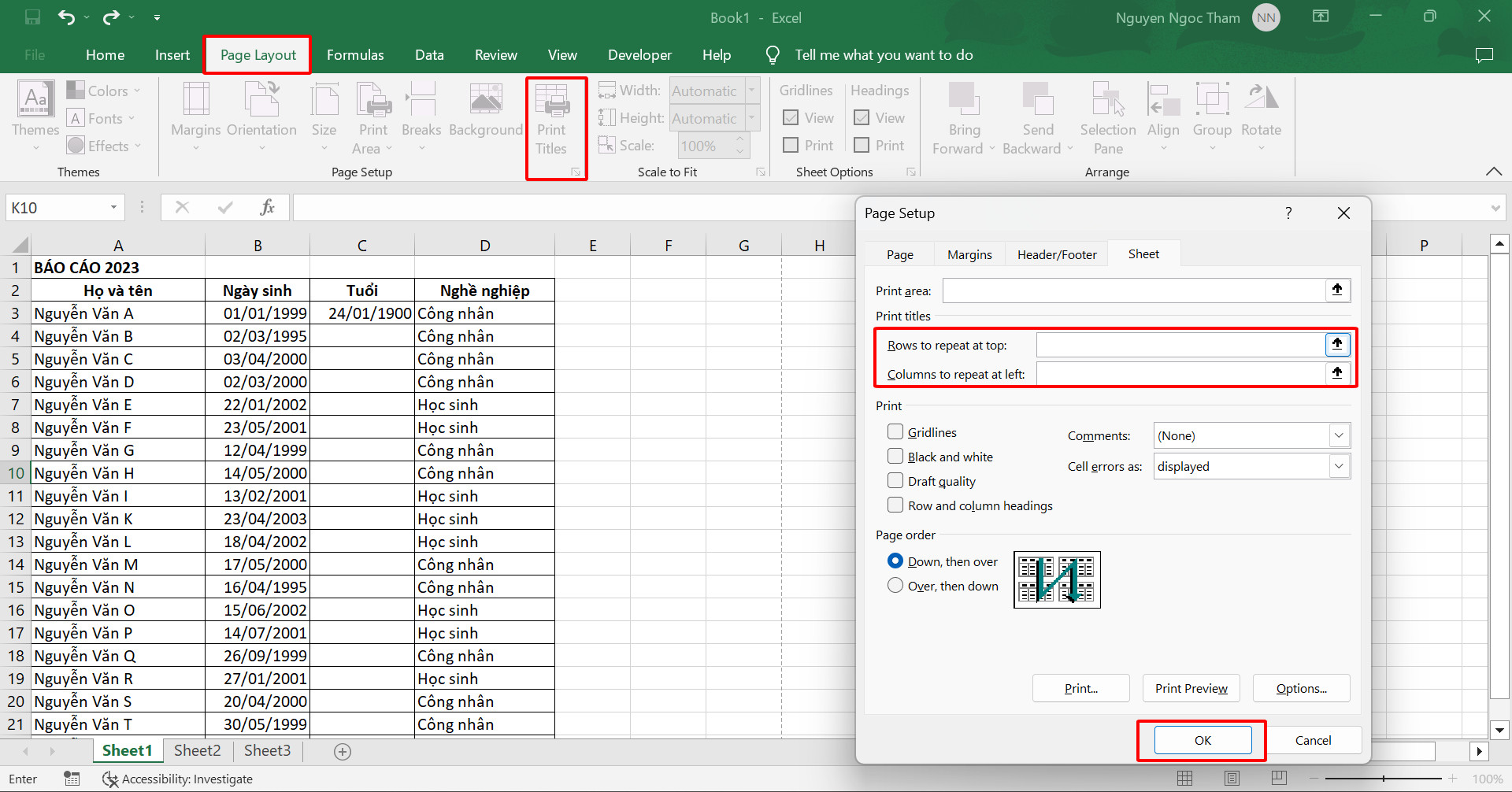Cách bỏ lặp lại tiêu đề khi sang trang trong Excel