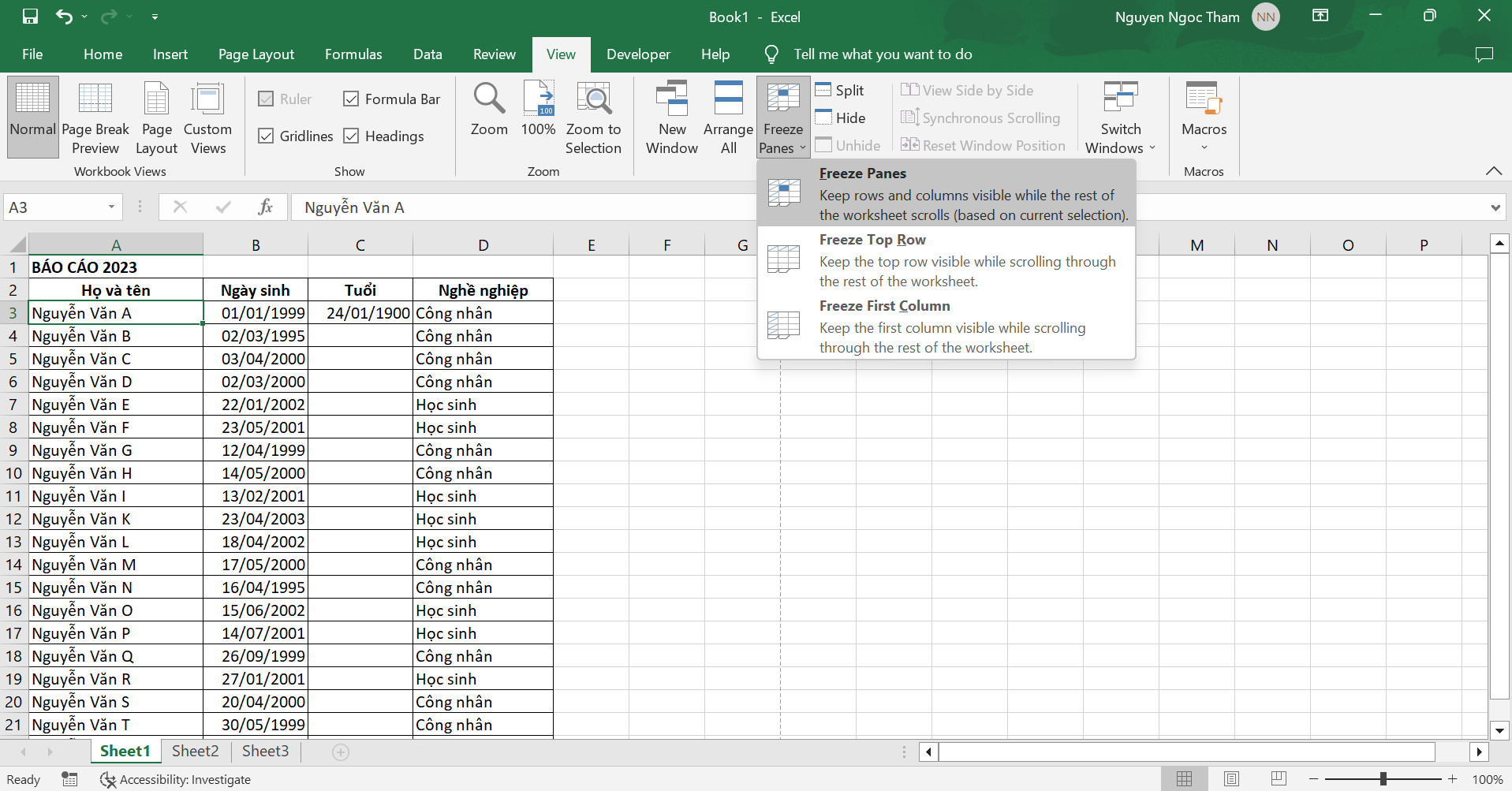 Thao tác giữ cố định tiêu đề trong Excel