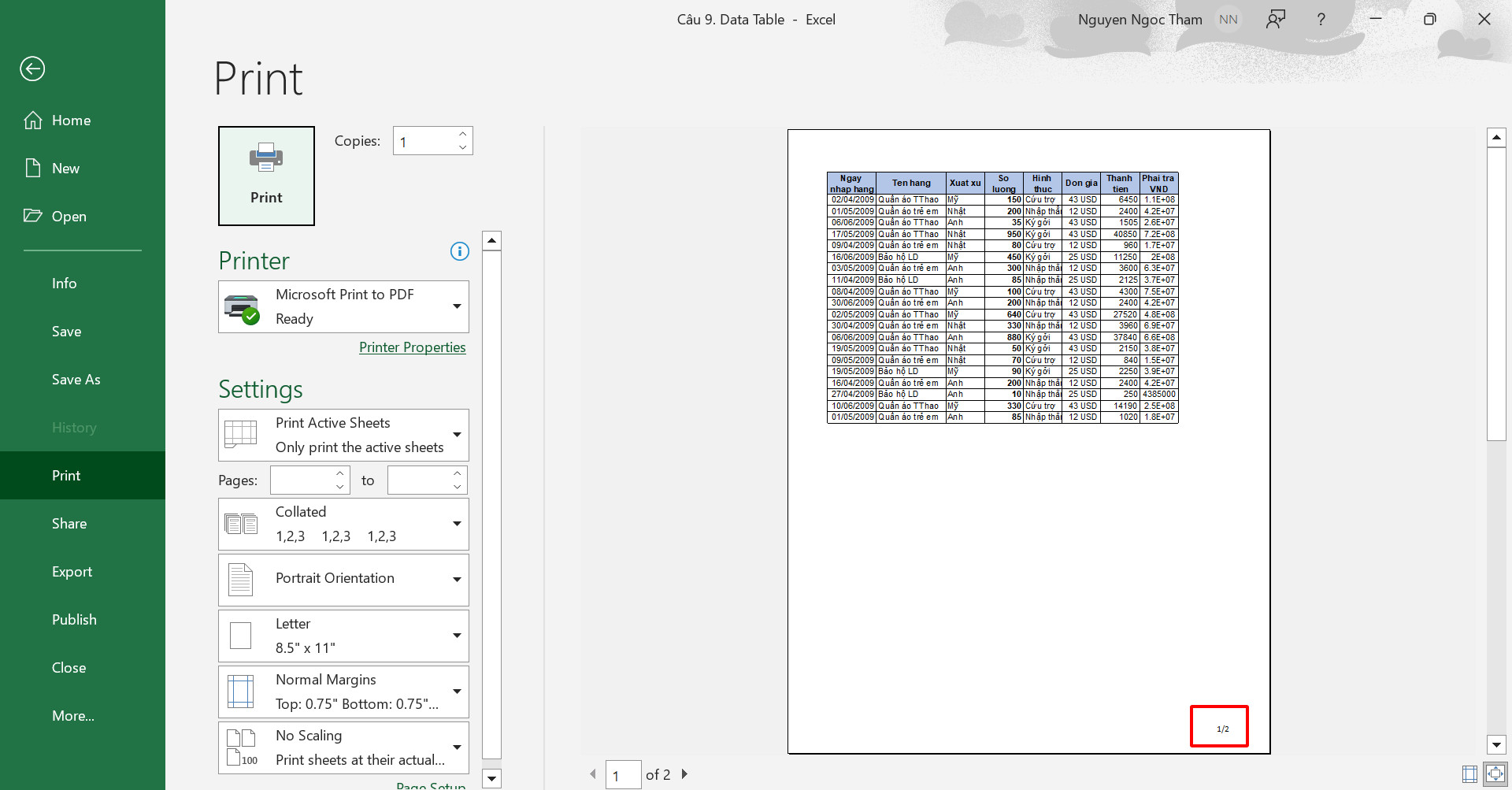 Kết quả thành công để đánh số trang ½ trong Excel bước 4