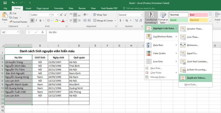 Thao tác tìm dữ liệu trùng trong excel