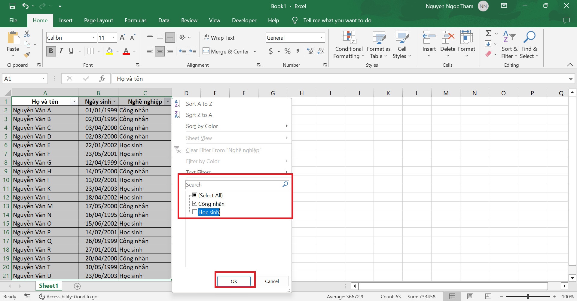 Cách lọc dữ liệu trong Excel bằng Filter