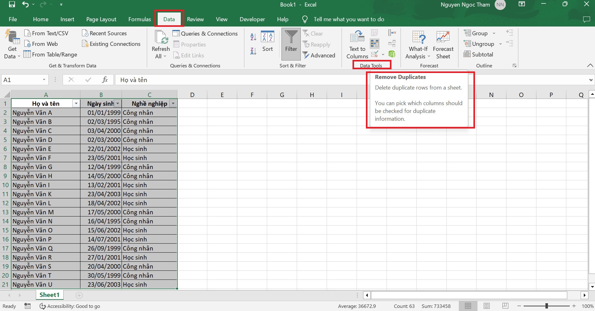 Cách lọc dữ liệu trùng trong Excel bằng Remove Duplicates