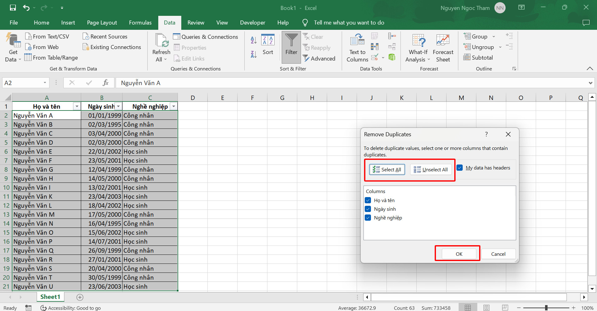 Cách lọc dữ liệu trùng trong Excel