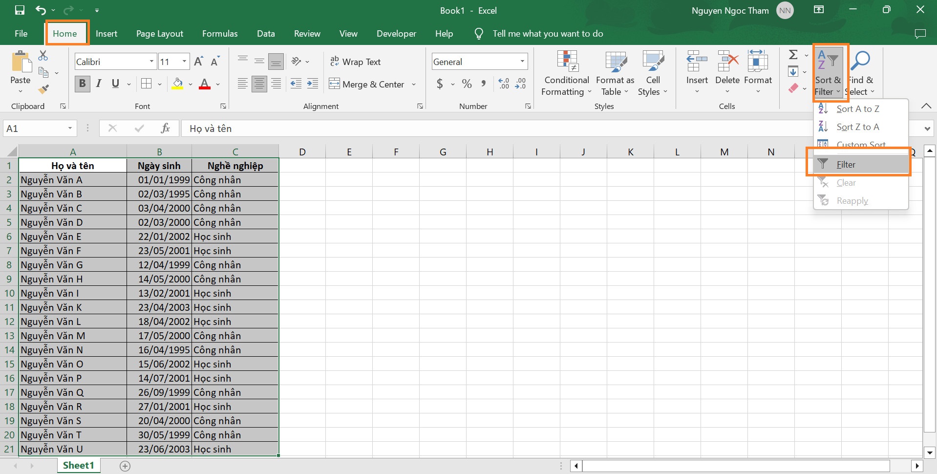 Cách sử dụng Filter để lọc dữ liệu trong Excel